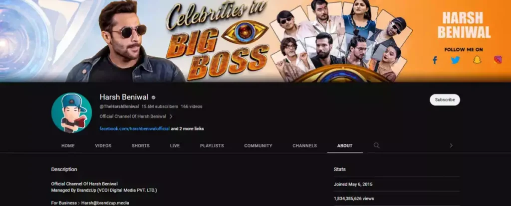 Bigg Boss 17 YouTuber Harsh Beniwal YouTube Channel